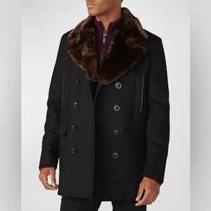 Karl Lagerfeld Black Pea Coat with Brown Faux Fur Collar